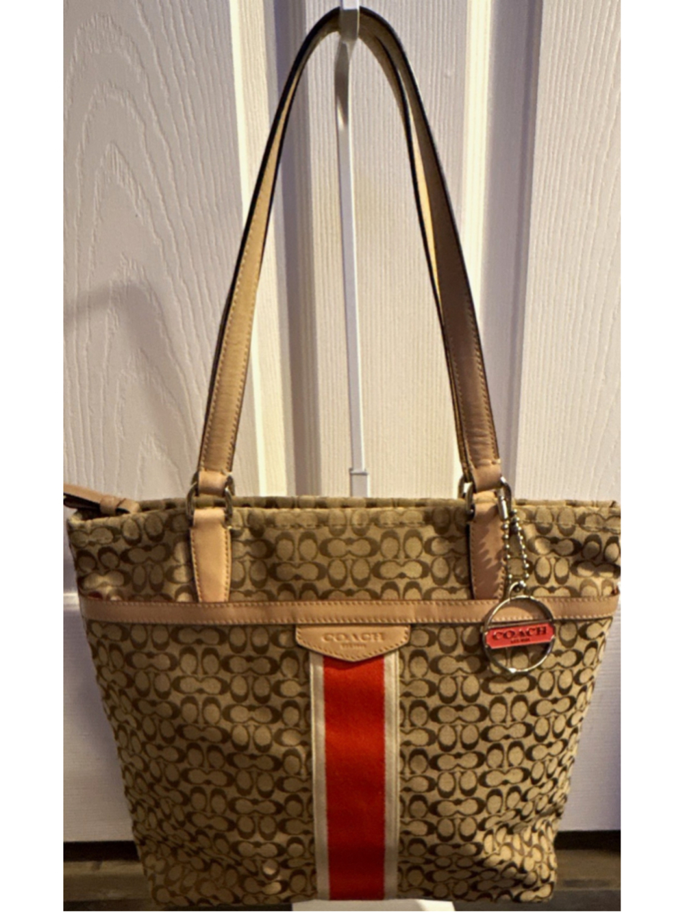 Coach F27008 Signature Stripe Tote Khaki Red Jacquard Shoulder Bag Y2K